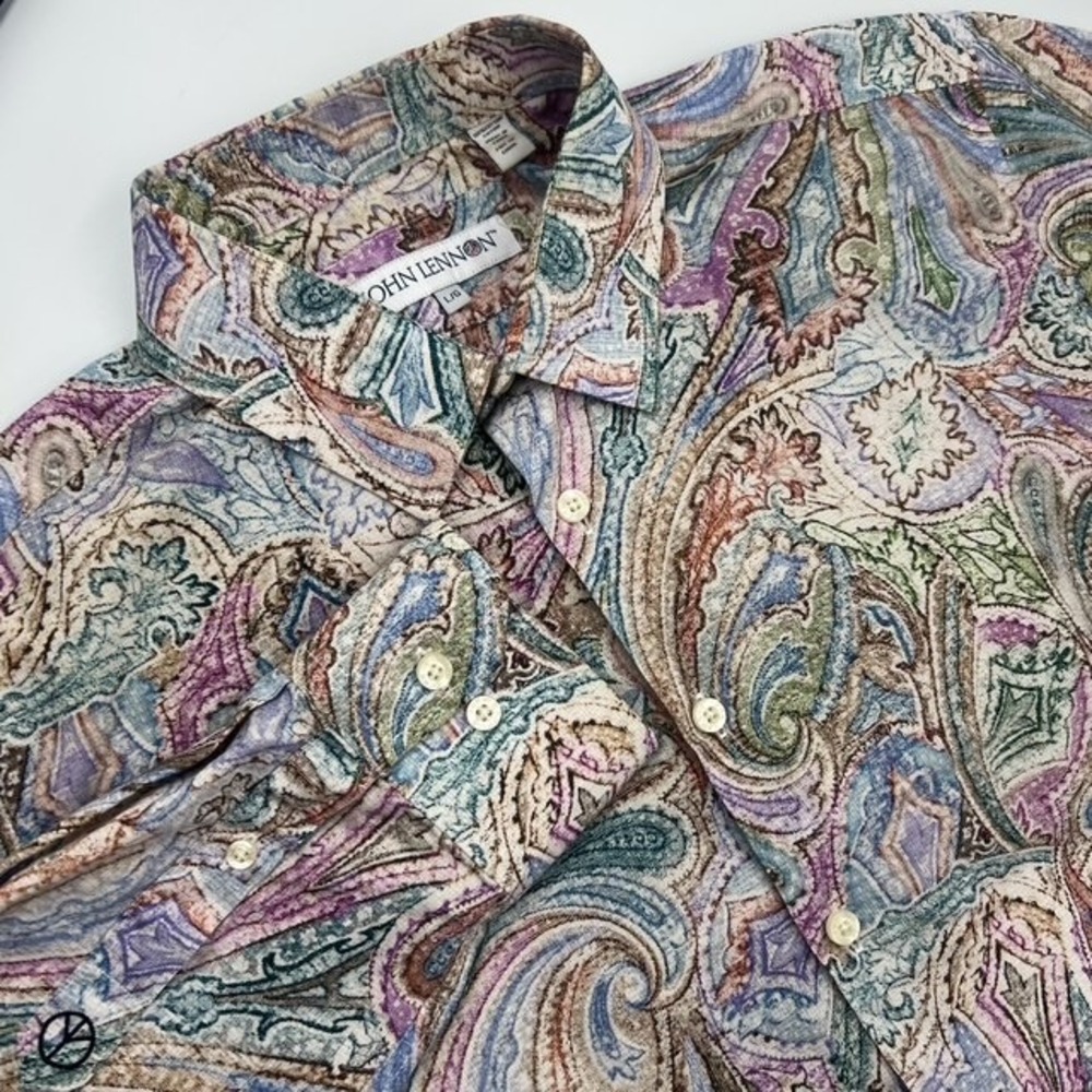 John Lennon Mens Large Paisley Cotton Psychedelic Long Sleeve Button Down Shirt